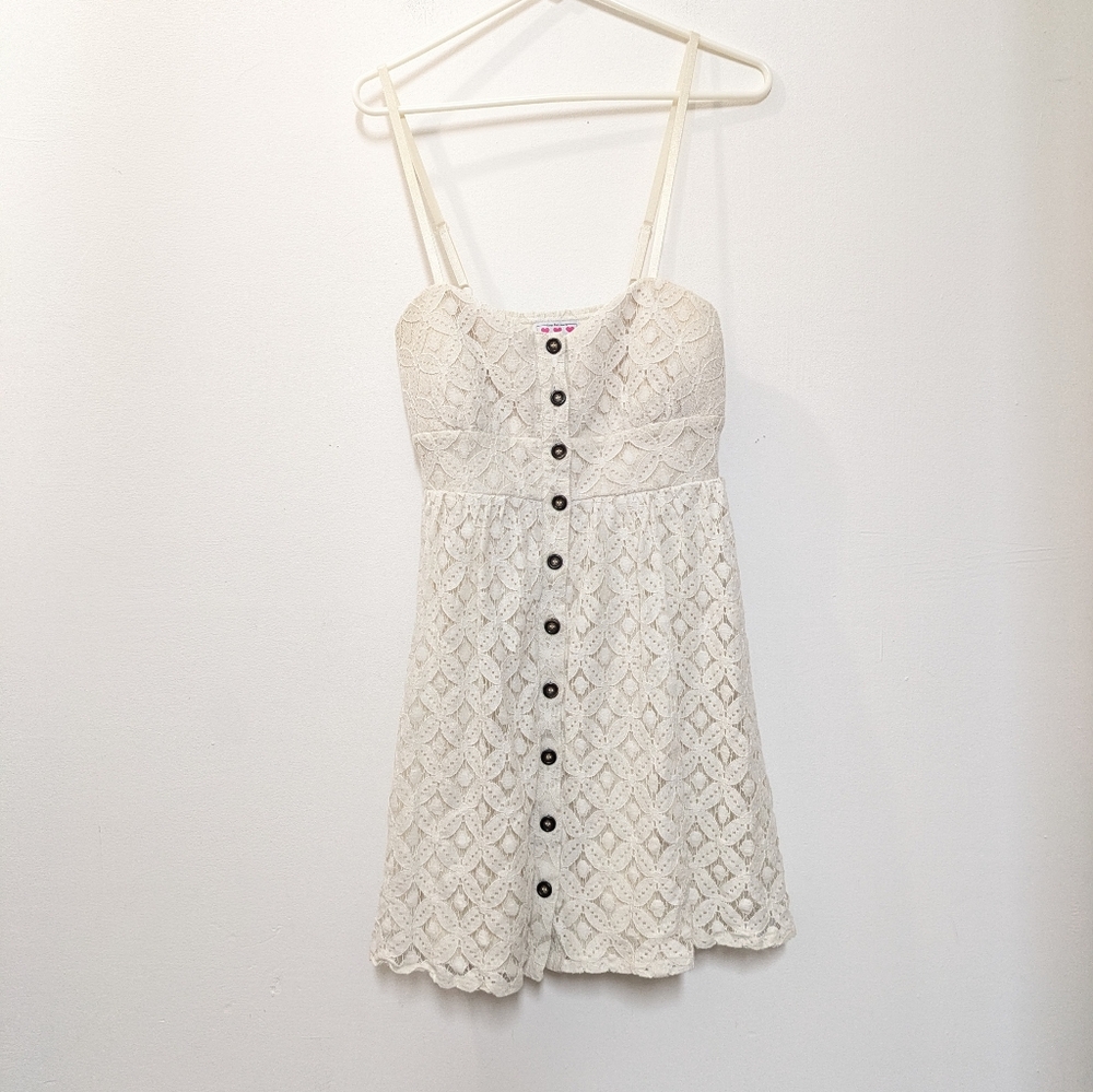 Three Pink Hearts Trixxi Cream Lace knit button down dress Women's Large